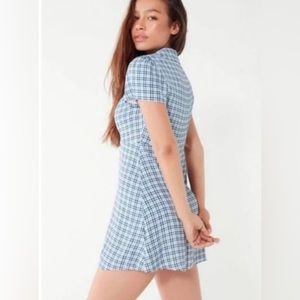 UO blue plaid gingham button down mini dress